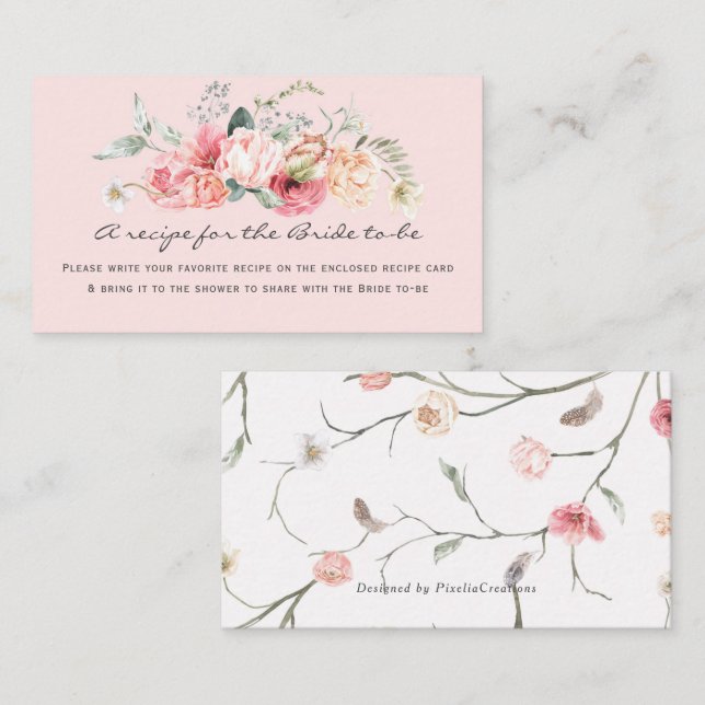 Carte D'accompagnement rose poudré floral élégant recette pour la mariée (Devant / Derrière)
