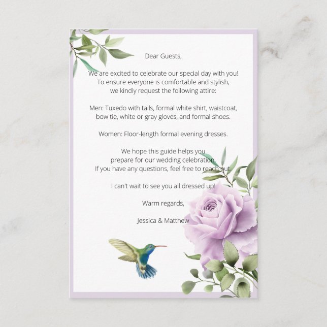 Carte D'accompagnement Rose pourpre et colibri (Devant)