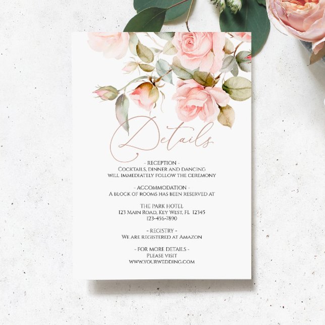 Carte D'accompagnement Rose rose et verdure Détails du Mariage Boîtier (Créateur téléchargé)
