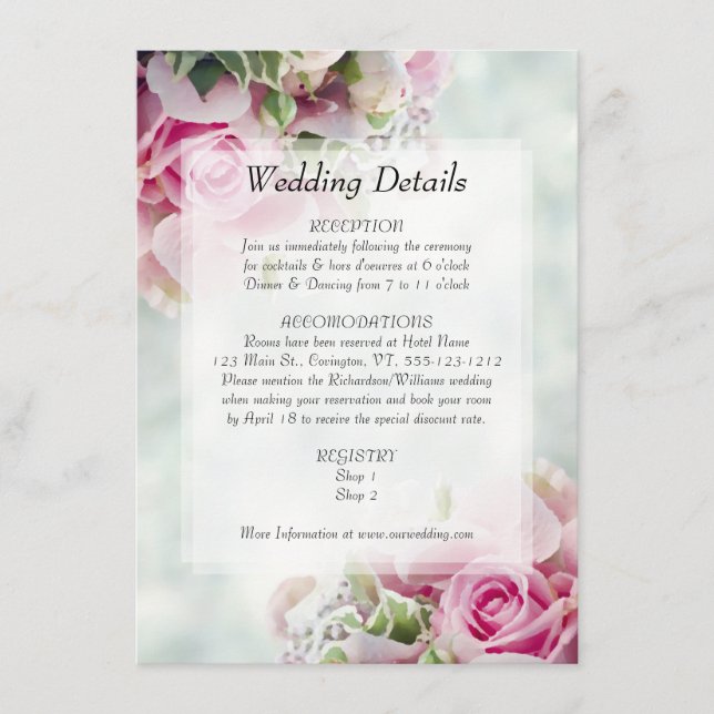 Carte D'accompagnement Rose Roses Elégant Chic Floral Détails Mariage (Devant)