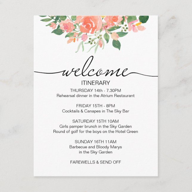 Carte D'accompagnement Rose Roses Mariage Week-end Itinéraire Bienvenue (Devant)