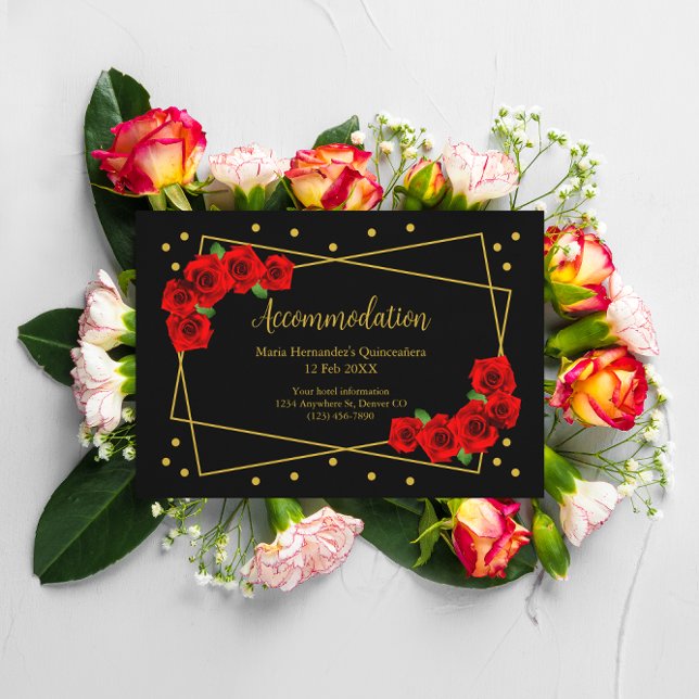 Carte D'accompagnement Rose rouge Noir et or Quinceañera Hébergement (Créateur téléchargé)