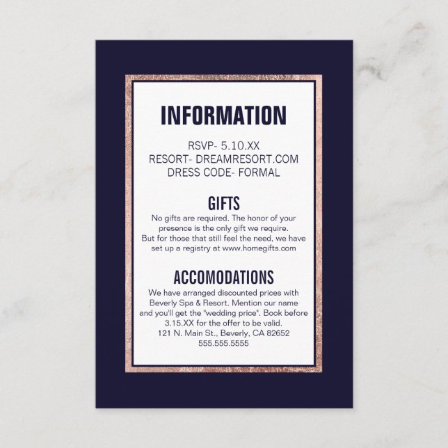 Carte D'accompagnement Rose simple Gold Linked Marine Blue Détails du Mar (Devant)