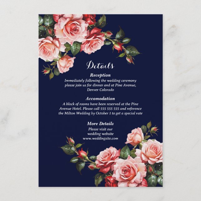 Carte D'accompagnement Rose sombre et rouge roses bleu marine mariage (Devant)