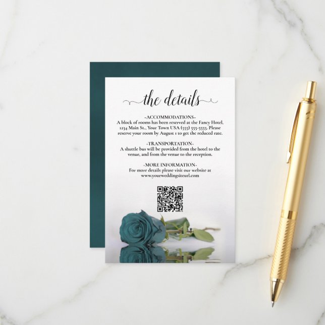Carte D'accompagnement Rose turquoise Elegant Wedding Détails QR Code (Devant/Arrière en situation)