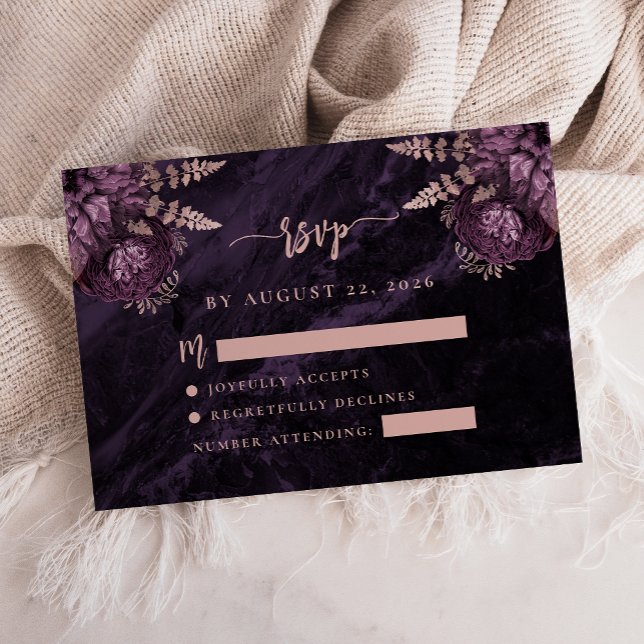 Carte D'accompagnement Rose violet Or Floral Agate Script Mariage RSVP (Créateur téléchargé)