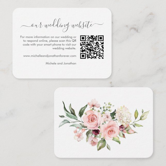 Carte D'accompagnement Roses roses romantiques Noces RSVP détails QR Code (Devant / Derrière)