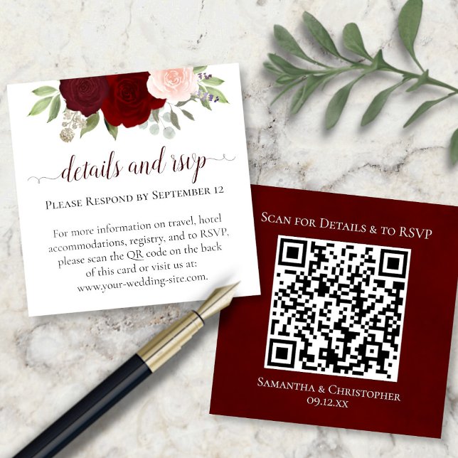 Carte D'accompagnement Roses rouges et roses Détails du Mariage & RSVP QR (Front/Back)