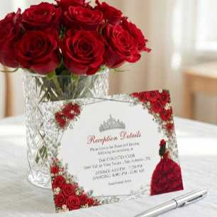 Carte D'accompagnement Roses Rouges Papillons Argent Quinceañera
