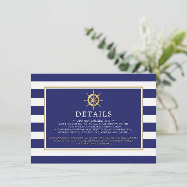 Carte D'accompagnement Roue d'or nautique, Marine & Gold Mariage Détail (Debout devant)