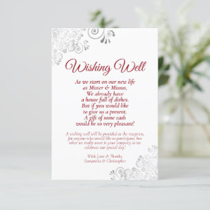 Carte D'accompagnement Rouge & Argent sur Mariage blanc Wishing poem