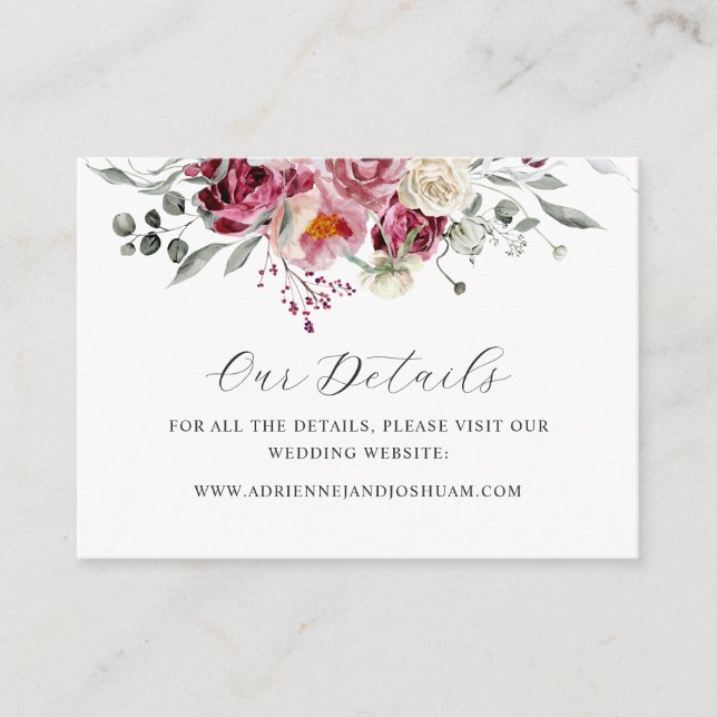 Carte D'accompagnement Rouge et Bourgogne Détails de mariage floral (Devant)