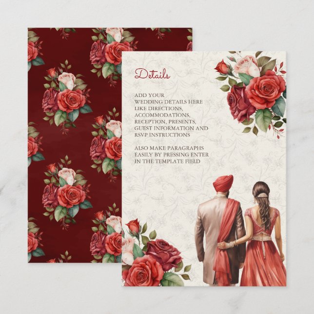 Carte D'accompagnement Rouge Floral Indien Punjabi Sikh Détails du Mariag (Devant / Derrière)