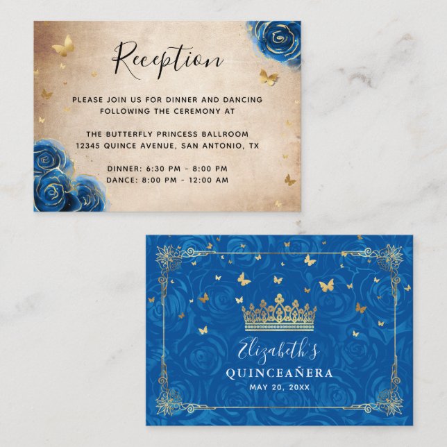 Carte D'accompagnement Royal Blue et Gold Rose Détails élégants (Devant / Derrière)