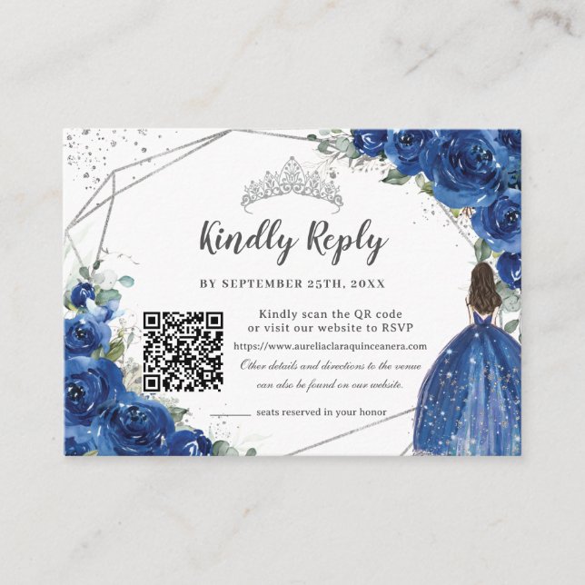 Carte D'accompagnement Royal Blue Floral Argent Quinceañera QR Code RSVP (Devant)