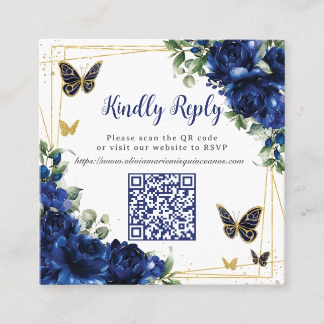 Carte D'accompagnement Royal Blue Floral Gold Quinceañera 16 QR Code RSVP (Devant)