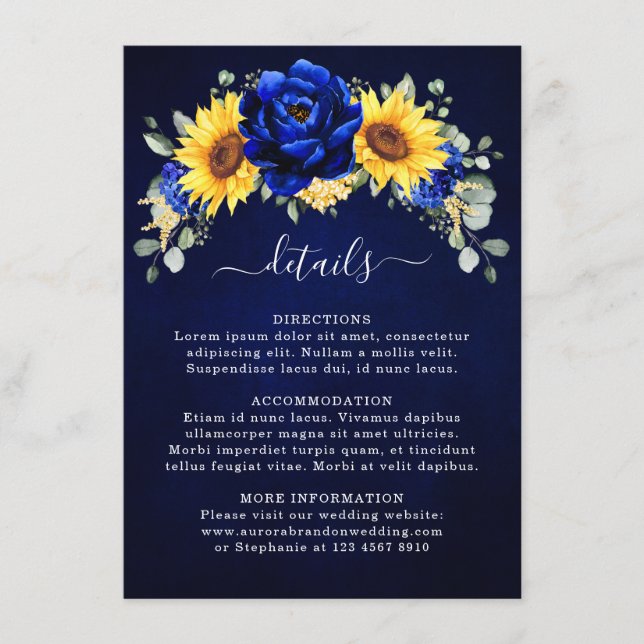 Carte D'accompagnement Royal Blue Rustic Tournesol Moderne Détails du Mar (Devant)