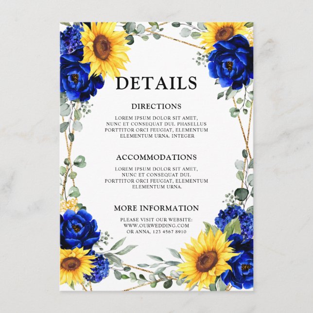 Carte D'accompagnement Royal Blue Sunflower Détails du Mariage géométriqu (Devant)