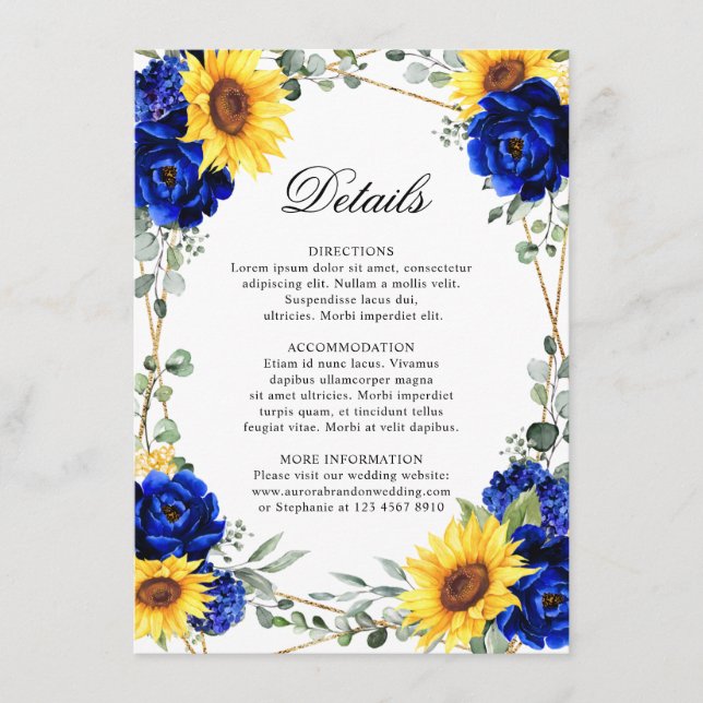 Carte D'accompagnement Royal Blue Sunflower Mariage géométrique Détails E (Devant)