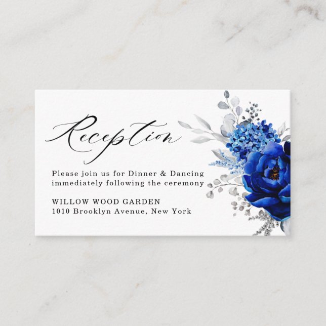 Carte D'accompagnement Royal Blue White Silver Floral Mariage Réception (Devant)