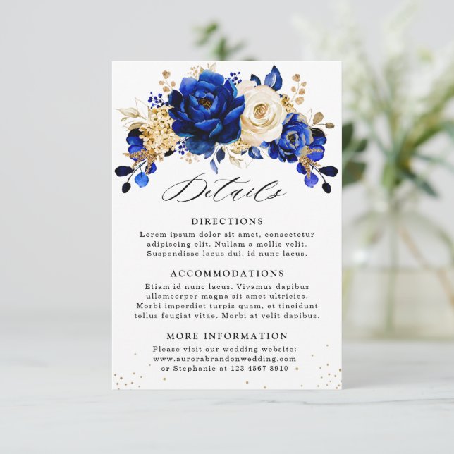 Carte D'accompagnement Royal Blue Yellow Gold Floral Détails du Mariage (Debout devant)