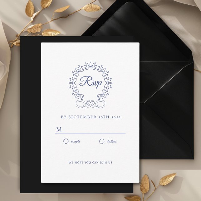 Carte D'accompagnement Royal, Élégant, Mariage RSVP (Royal, Elegant, Classic, Crest, Wedding Invitation Wedding RSVP. White and Blue.)