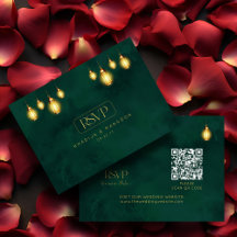 Royal Emerald Green Golden Lights QR Wedding RSVP