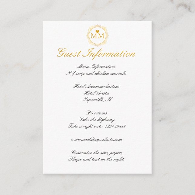 Carte D'accompagnement Royal Mariage Gold Script Informations clients (Devant)