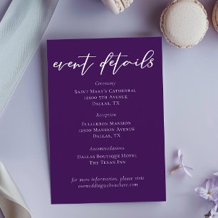 Carte D'accompagnement Royal Purple White Script Mariage Détails de l'évé