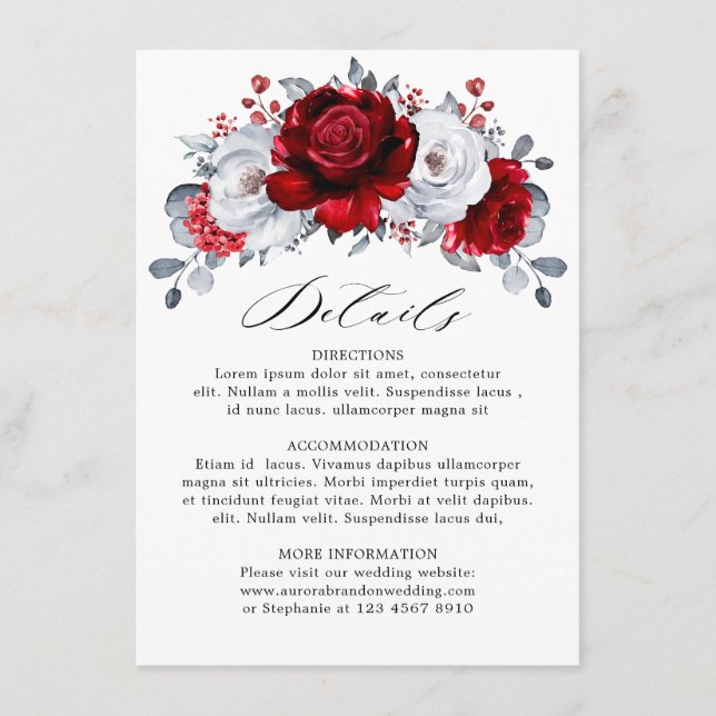 Carte D'accompagnement Royal Rouge Blanc argent métal Mariage floral (Devant)