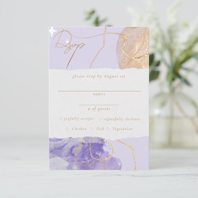 Carte D'accompagnement RSVP Abstrait Violet et Doré de Luxe (Debout devant)