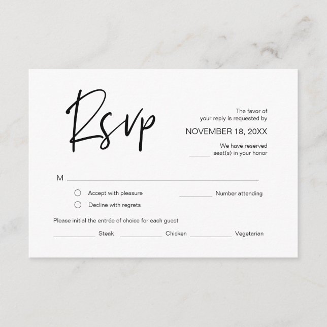 Carte D'accompagnement RSVP de mariage, avec options de repas, répondre c (Devant)