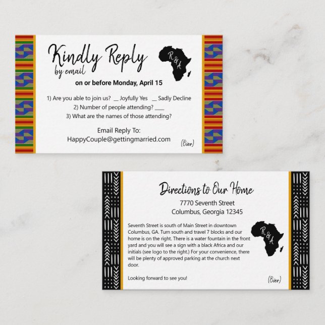 Carte D'accompagnement RSVP par courriel et directions Kente K48 (Devant / Derrière)