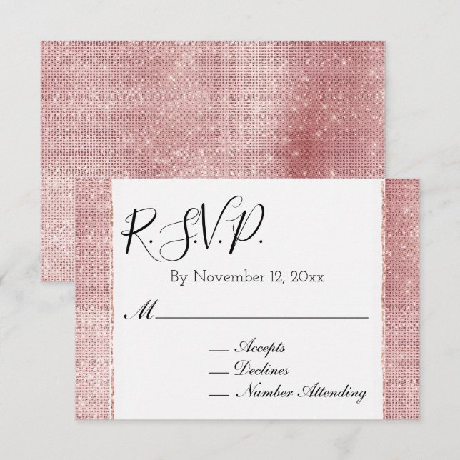 Carte D'accompagnement RSVP poudré rose blanc glamour scintillant (Devant / Derrière)