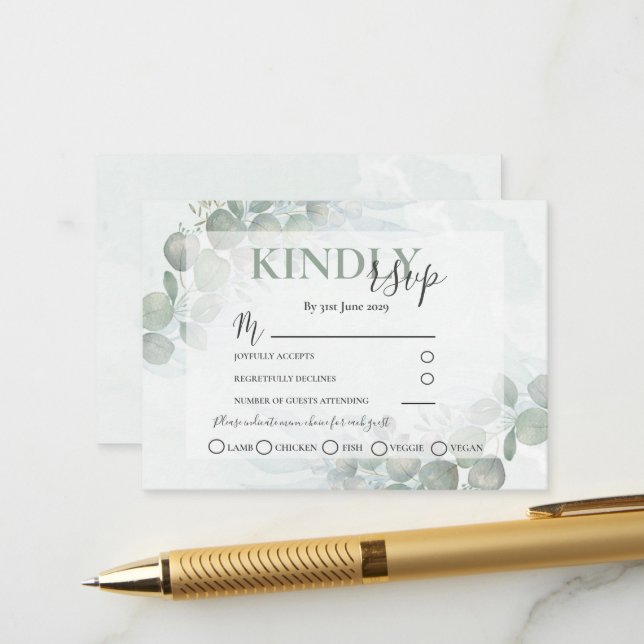 Carte D'accompagnement RSVP Russe Eucalyptus Sage Mariage vert (Devant/Arrière en situation)