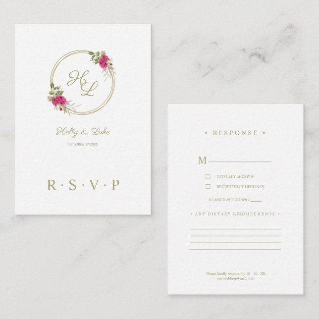 Carte D'accompagnement RSVP Sophisticated Rose Floral Mariage Wreath (Devant / Derrière)