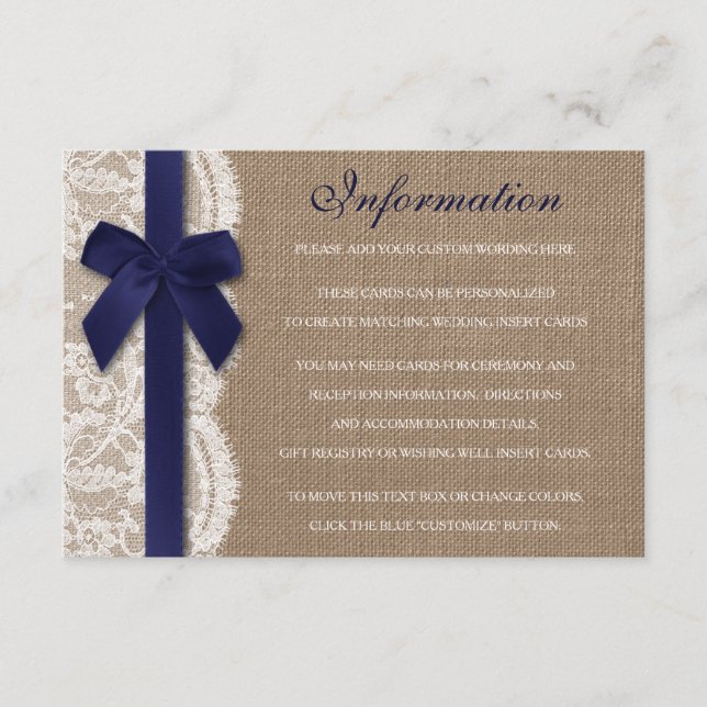 Carte D'accompagnement Ruban de la marine sur Burlap & dentelle Mariage D (Devant)