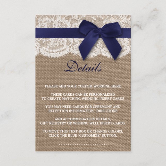Carte D'accompagnement Ruban de la marine sur Burlap et Mariage de dentel (Devant)