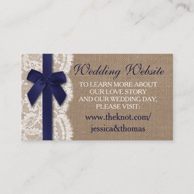 Carte D'accompagnement Ruban de la marine sur Burlap & Lace Site Mariage (Devant)