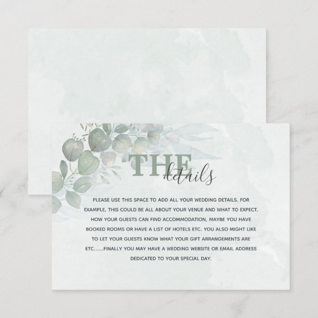 Carte D'accompagnement Russe aquarelle Eucalyptus Détails du Mariage (Devant / Derrière)