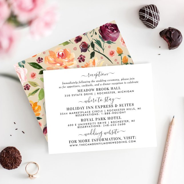 Carte D'accompagnement Russe Bourgogne Beige Floral Information Mariage (Créateur téléchargé)
