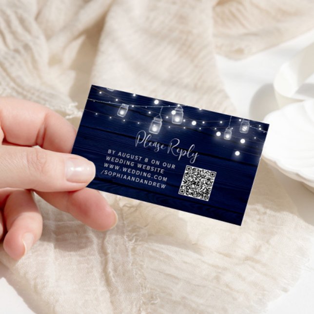 Carte D'accompagnement Russe Marine Bois Mason Jarres Lumières Mariage QR (Créateur téléchargé)
