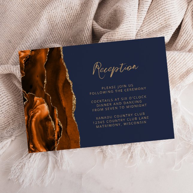 Carte D'accompagnement Rust Gold Agate Navy Blue Script Mariage Réception (Créateur téléchargé)