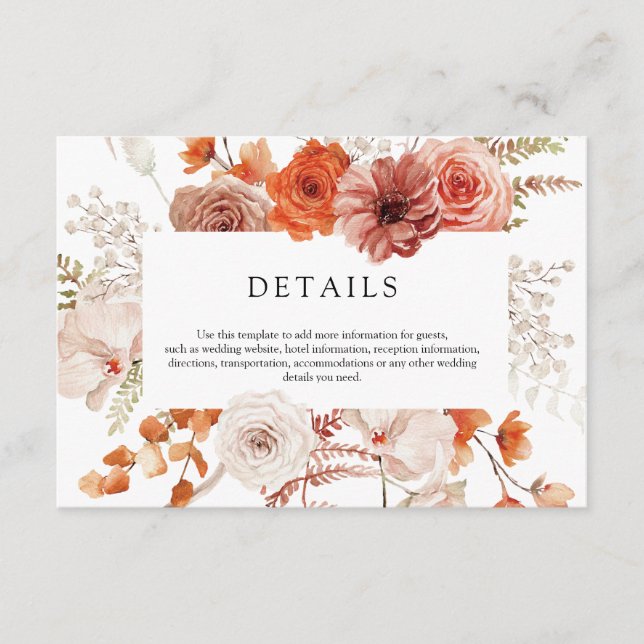 Carte D'accompagnement Rust Orange Terracotta Floral Détails Mariage (Devant)