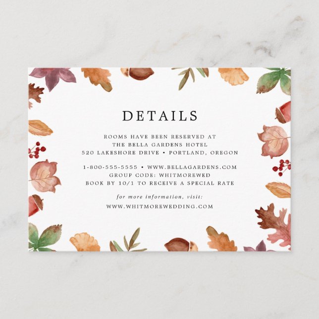 Carte D'accompagnement Rustic Automne quitte les détails du Mariage de au (Devant)