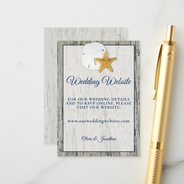 Carte D'accompagnement Rustic Beach Driftwood Sand Dollar Site Mariage (Devant/Arrière en situation)
