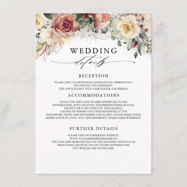 Carte D'accompagnement Rustic Bloom Mariage de automne Information Invité (Devant)