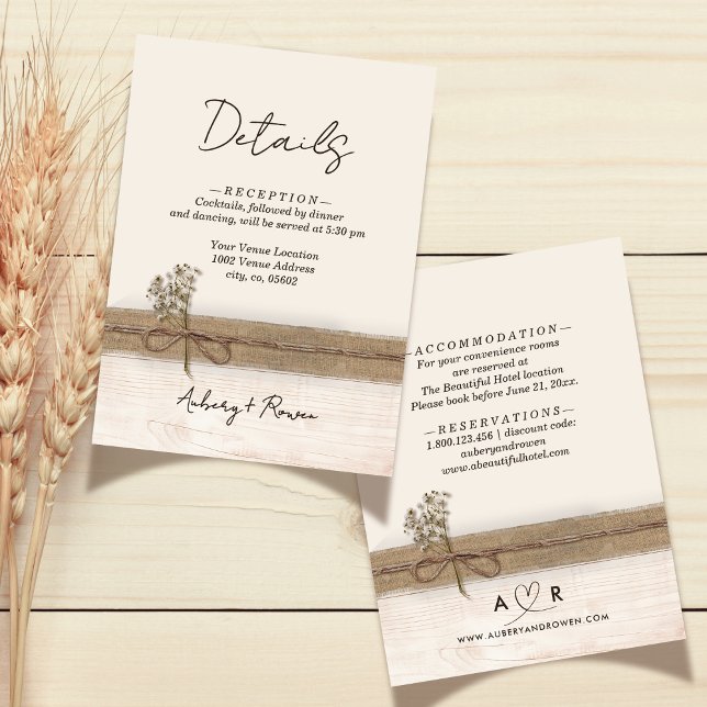 Carte D'accompagnement Rustic Boho Burlap Wood Fleur sauvage Détails Mari (Créateur téléchargé)