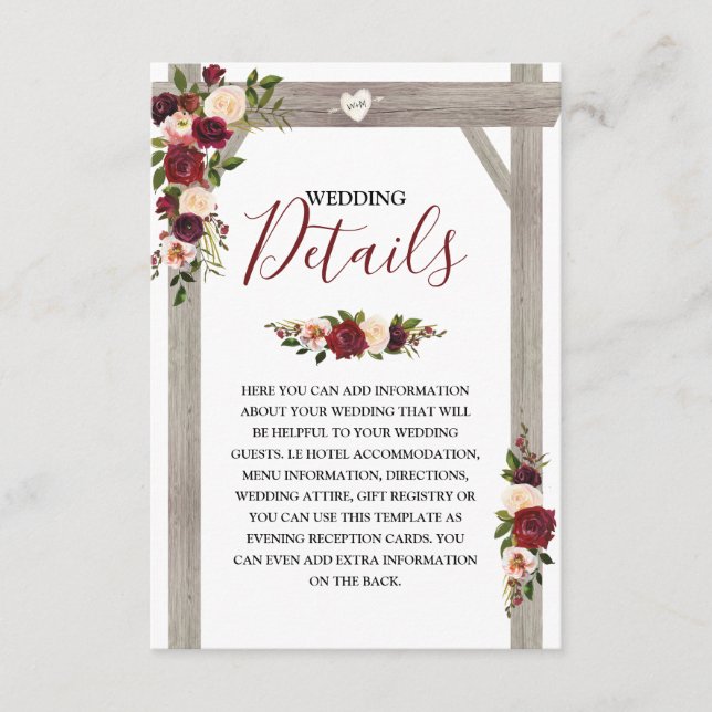 Carte D'accompagnement Rustic Bourgogne Détails du Mariage Floral (Devant)