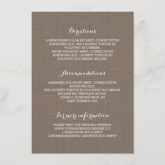 Carte D'accompagnement Rustic Burlap Détails du Mariage - Informations (Devant)